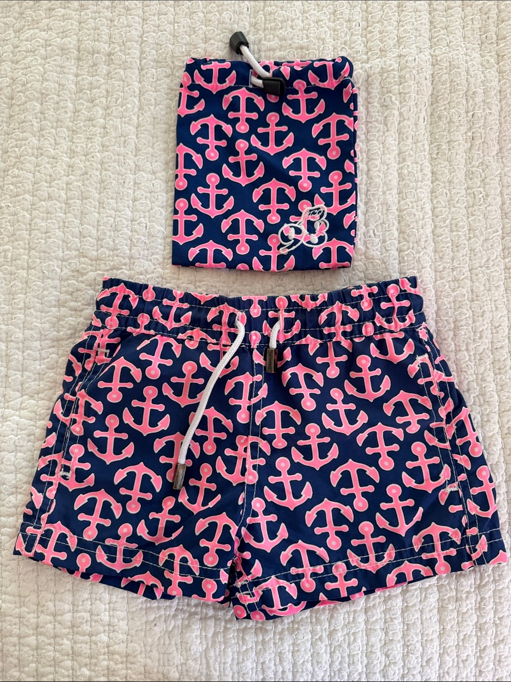 Kids Navy Swim Trunks with Pink Anchor Print and Adjustable Drawstring